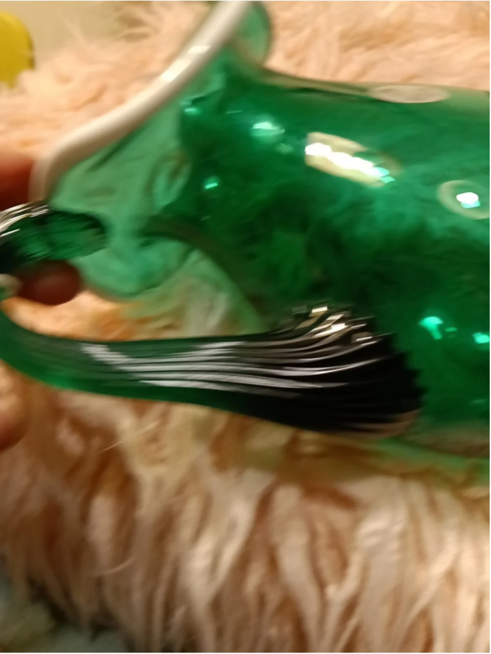 Fenton Emerald Green Snow Crest Glass Reed Handled Ruffle Pitcher handmade USA
